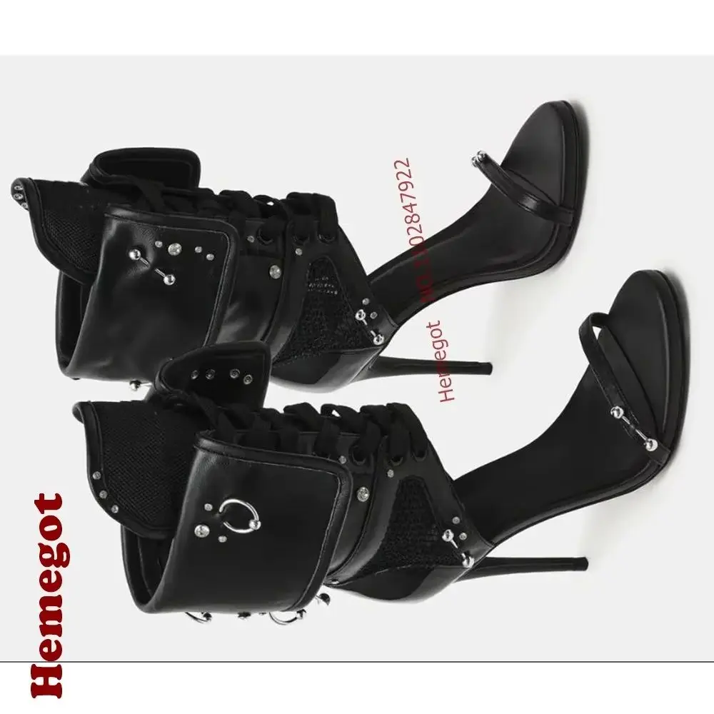 Flip Cuff Rivet Eyelet Lace-Up Thin Stiletto Punk Gothic High Heels Women's Sandals Black Mesh Cutout Ankle Strap Sandals Sexy