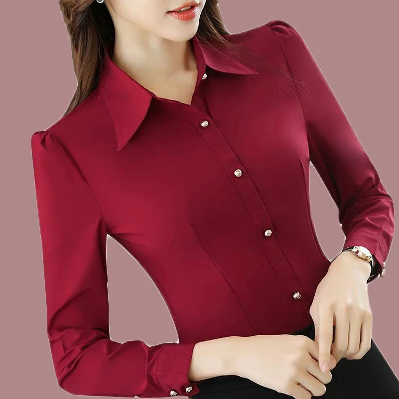 Vermelho camisas de manga longa feminina primavera outono novo coreano emagrecimento formal ocupação ol camisa all-match básico escritório senhora blusa