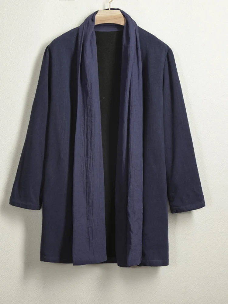 

Мужская льняная рубашка-жакет средней длины с воротником-шарфом, весна-осень, новый китайский стиль, костюм Слей Тан, Ханьфу, верхняя одежда в стиле Дзен