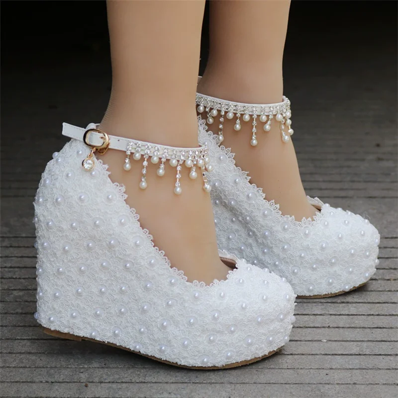 Spring pearl rhinestone lace waterproof platform wedding shoes slope heel high-heeled large size banquet dress women's shoes