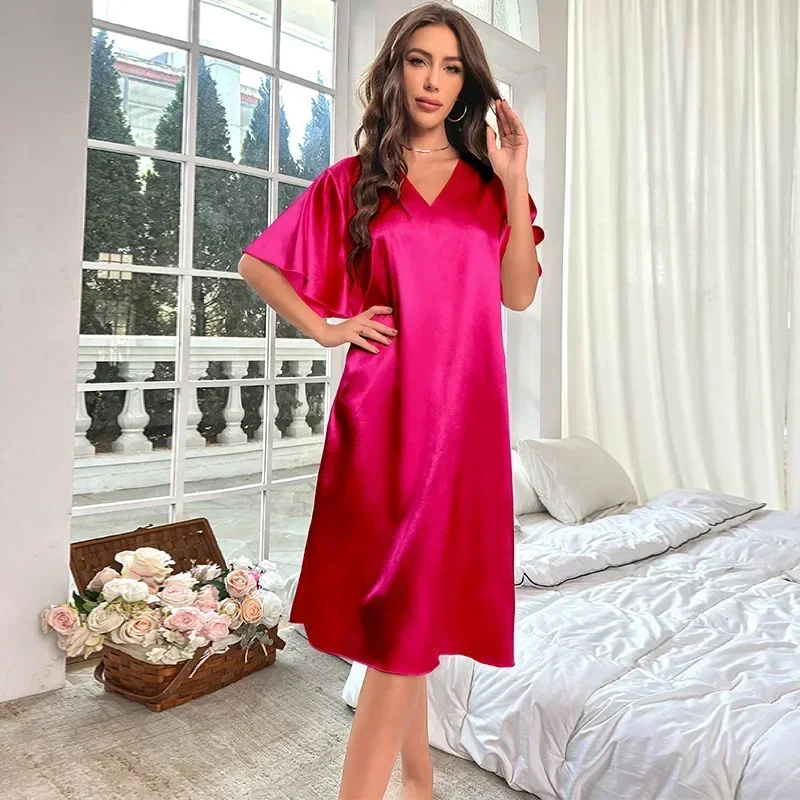 

Female Nightgown New Spring Summer V-Neck Short Sleeve Nightdress Sleepwear Sexy Satin Nightwear Loose Home Dressing Gown 신형