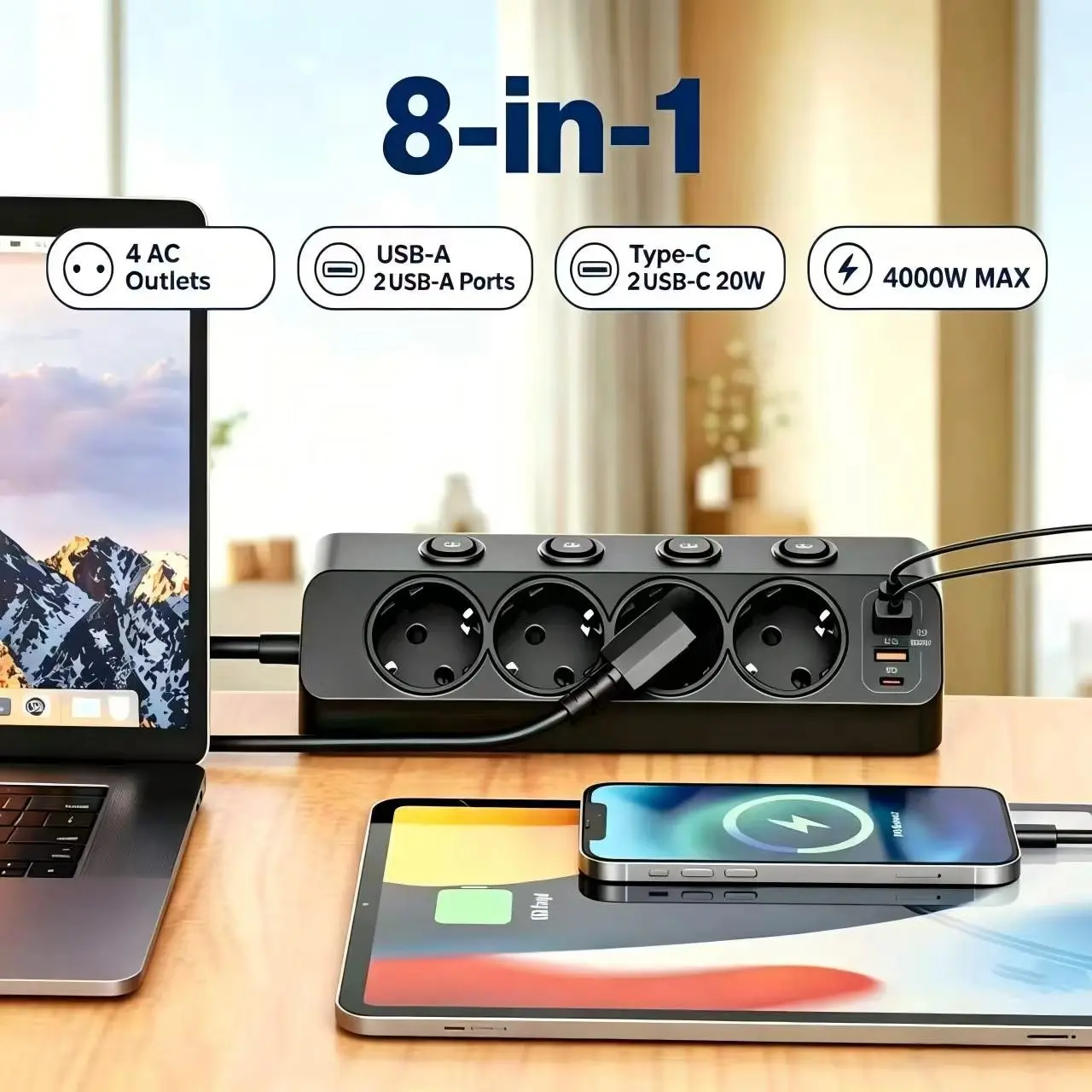 EU Desktop Clamp Power Strip, a power strip with multiple switches independently controlling the outlets, 4 AC Outlets, 2 USB-C