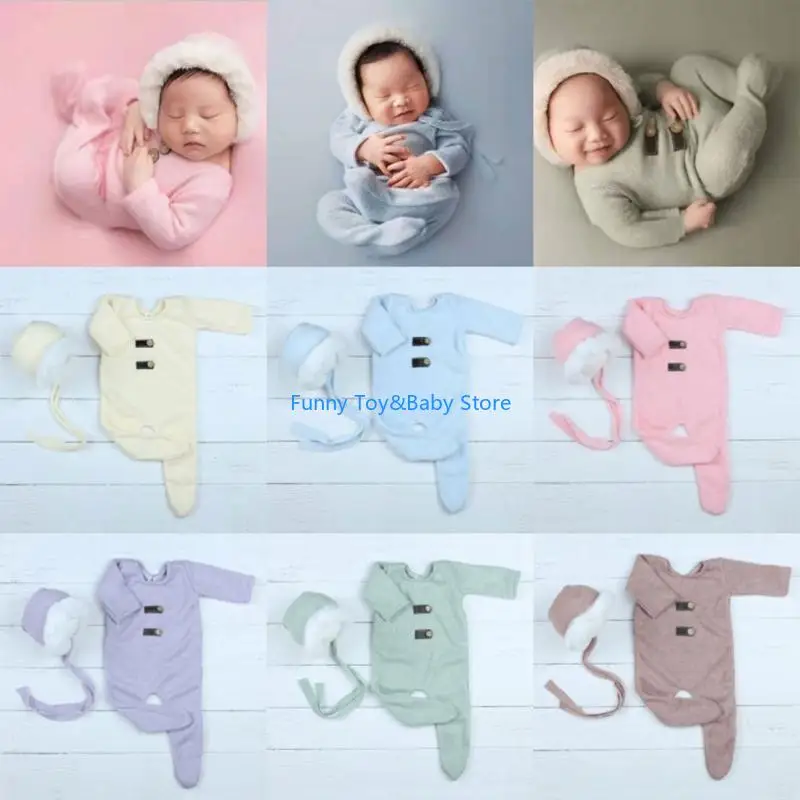

C90B 2 Pcs/Set Newborn Photography Props Outsuits Baby Knitted Romper Hat Set Infants Photo Jumpsuit