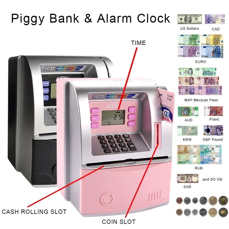 MXP SAR USD EURO ATM Piggy Bank, Automatic Mini Safe Coins Cash Saving Money Box,Coin Bank ATM Child Gift for kids, Money Jar