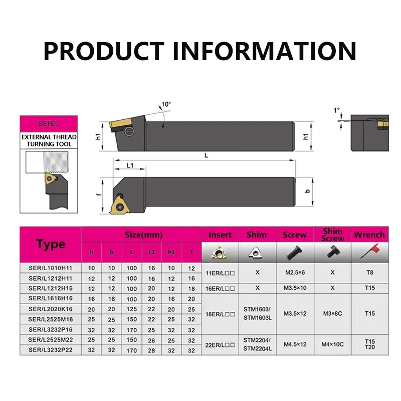 SER1010H11 SER1212H16/11 SER1616H16/11 SER2020K SER2525M External Thread Turning Tool SER SEL Lathe Cutter bar CNC tool Holder