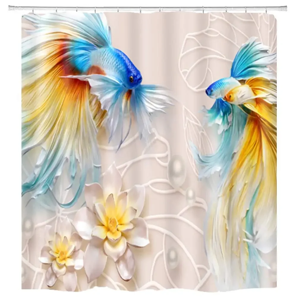 Goldfish Lotus Flowers Shower Curtain Koi Fish Leaf 3D Printed Waterproof Fabric Shower Curtain Sets Bathroom Decor with Hooks