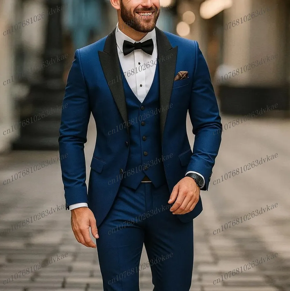

Черный воротник, темно-синий мужской костюм, свадебная вечеринка, формальный жених, жених, выпускной, деловой мужской смокинг, комплект из 3 предметов, куртка, жилет, брюки