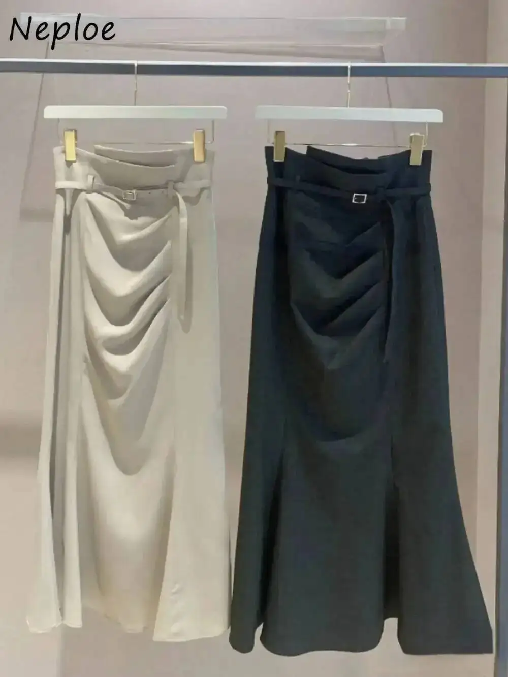 

Simple Elegant High Waist Slim Skirt Bodycon Belt Ruched Mermaid Mid Length Falda Japanese Moda All Match Mujer Faldas