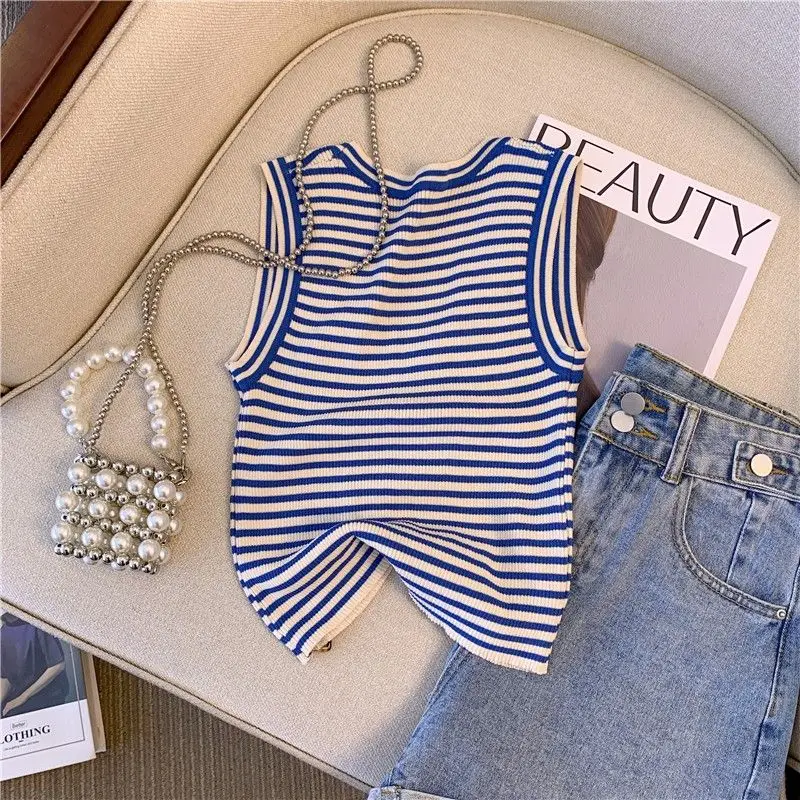 Sexy Knitted Ice Silk Striped Tank Top Unique Sweet Hot Girl Short Low Neckline Sleeveless Top Tank Top Women