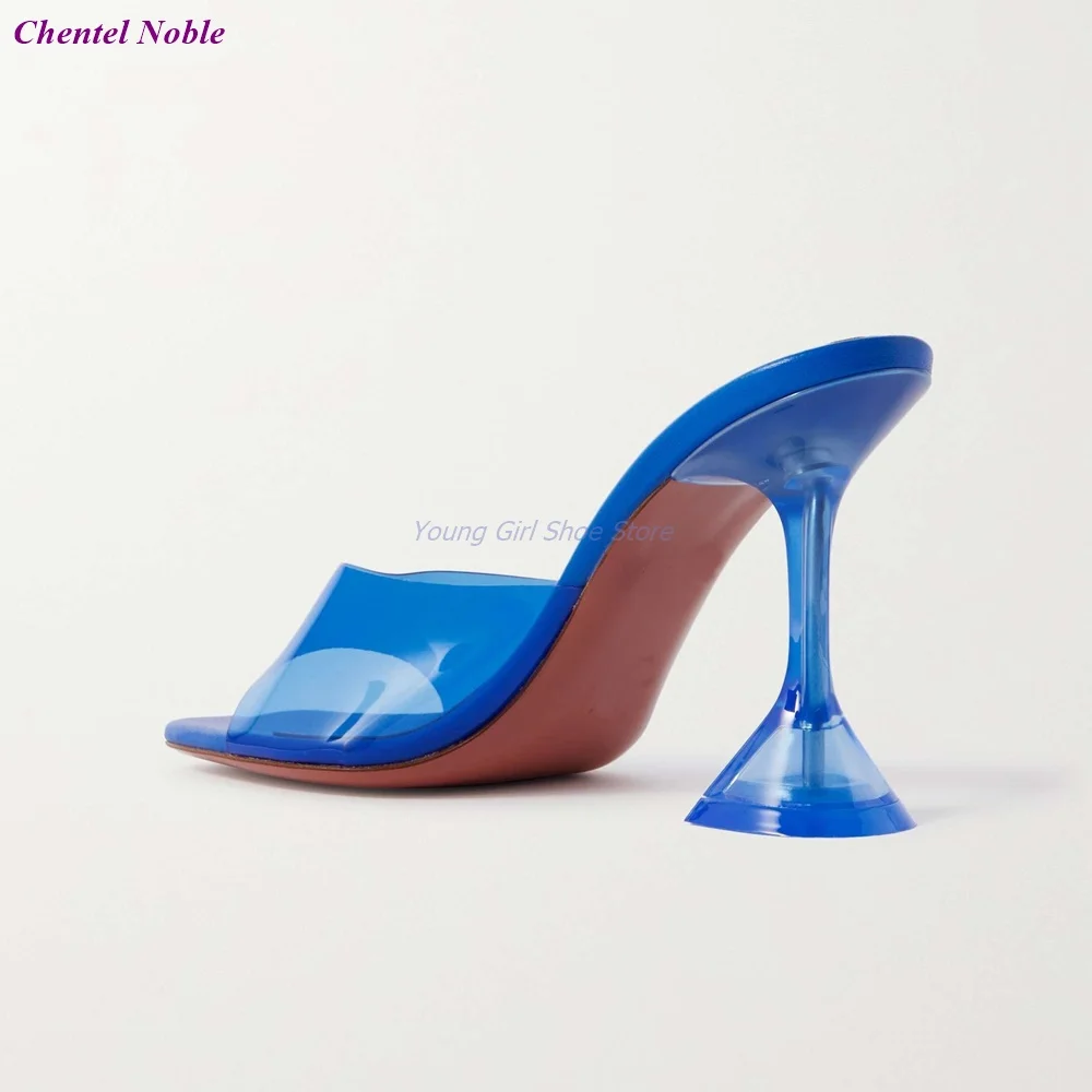 Electric-Blue PVC Signature Flared Heels Square Toe transparency Women Slippers Newest Fashion Sexy Party Dress Shoes Outside