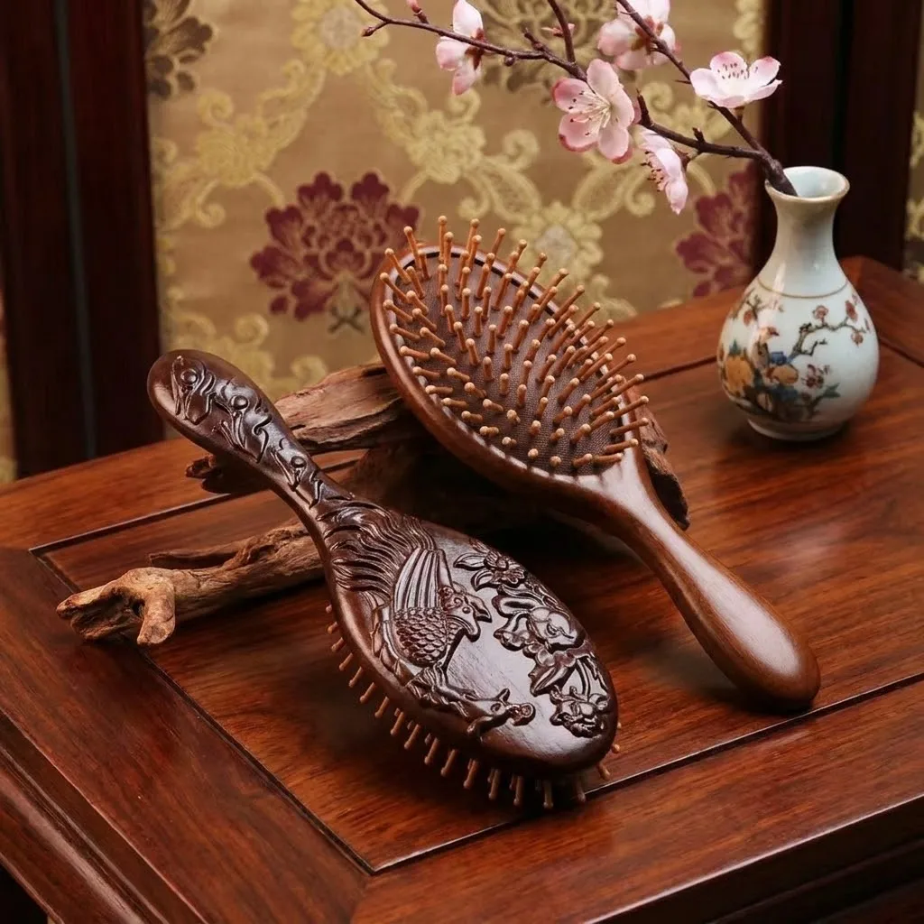 

Durable Portable Hand Carved Sandalwood Comb Oval Shape Fine-Toothed Air Cushion Comb Styling Brush Wooden Scalp Massage Brush
