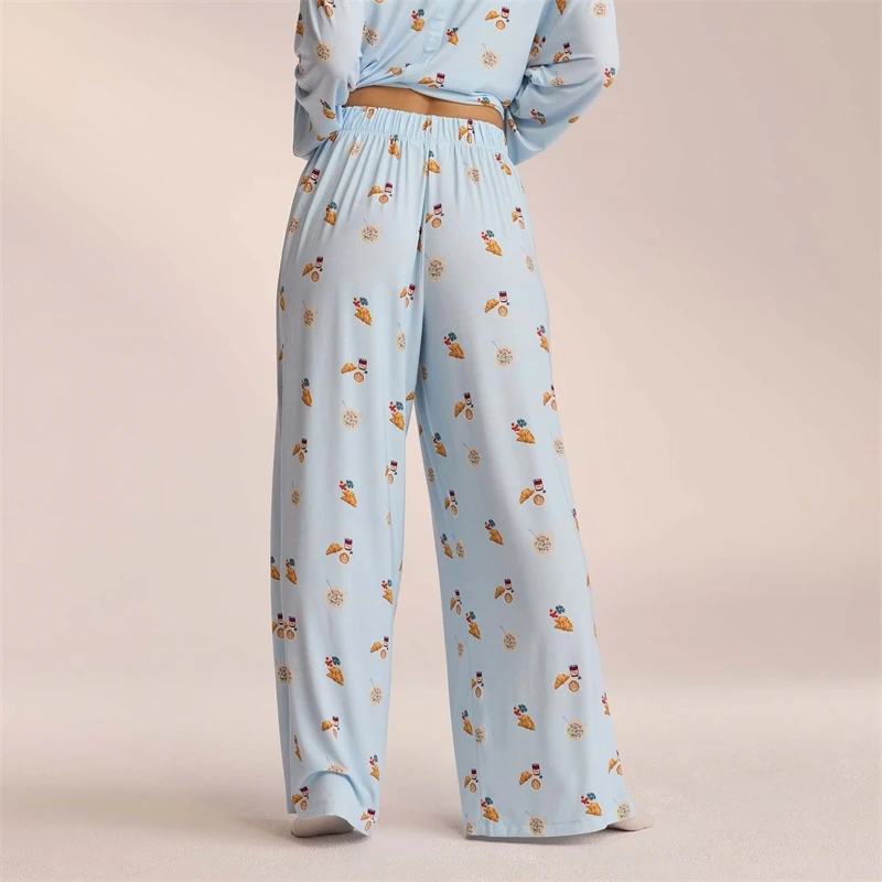 Women’s 2 Piece Pajama Set Long Sleeve Breakfast Print Pocket Shirt Pants Set Loungewear