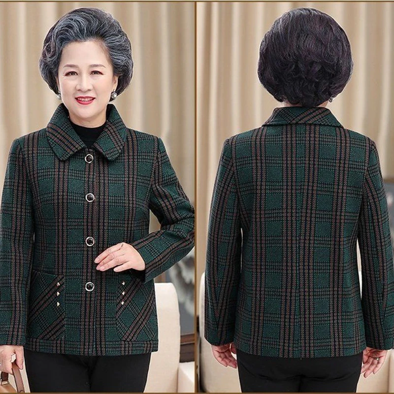 Fashion Red Green Plaid Jacket Middle-Aged Elderly Women Coat 2023 new Short Loose Casual Spring Autumn Woolen Outerwear Tops