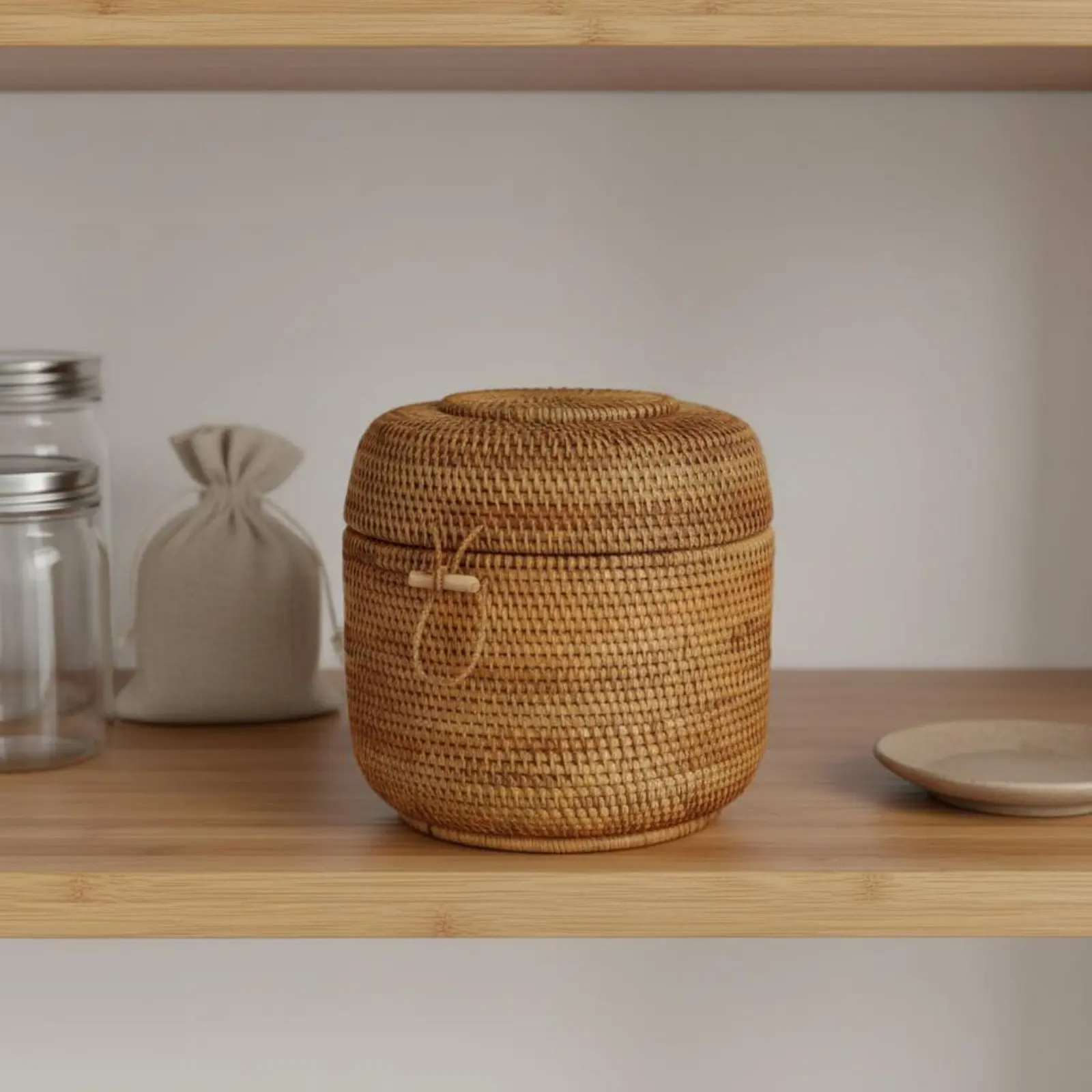 

Pu'er Brew Storage Box Natural Material Round Woven Container with Lid for Pantry, Kitchen