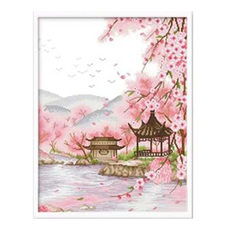

11 CT Chinese Style Pavilion and Plum Blossom DIY Pre-Printed Cross Stitch Kits 16x21 inch