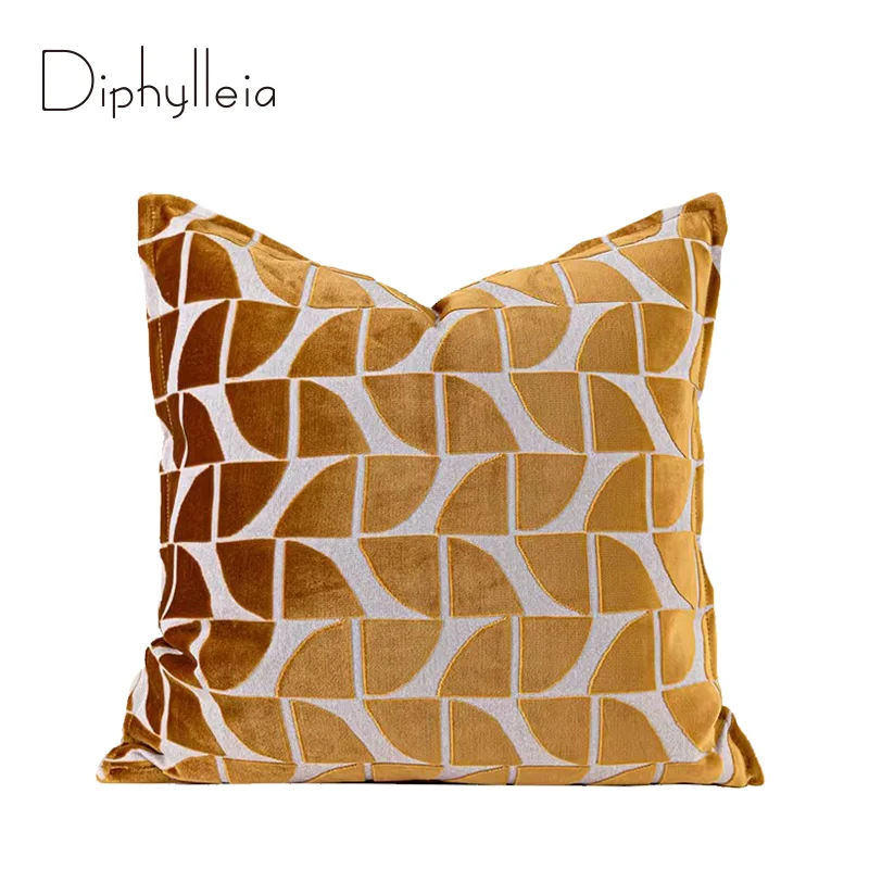 Diphylleia Modern Vintage Decorative Pillow Case Light Gold Quarter Circles Geometric Cut Velvet Jacquard Cushion Cover For Sofa