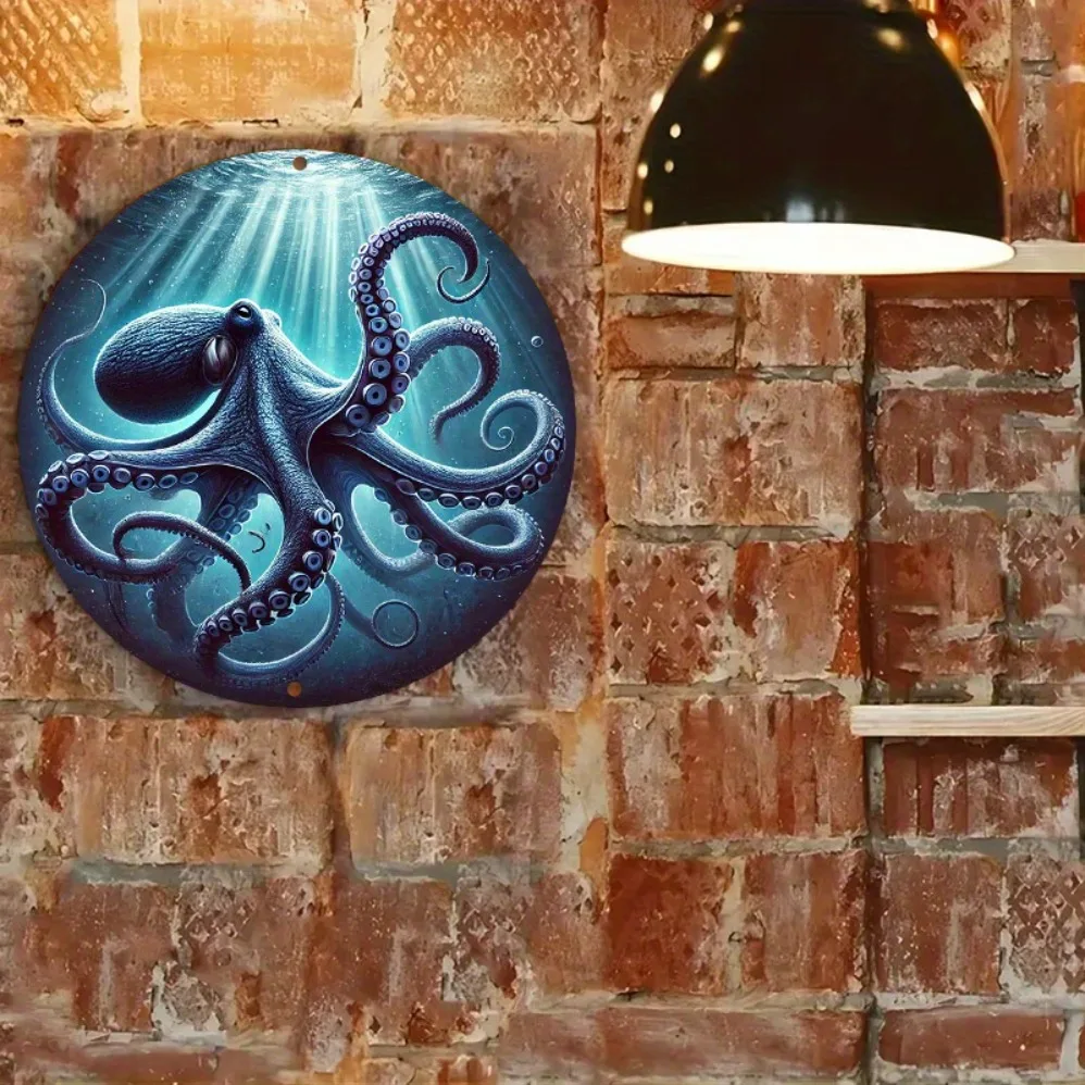 "علامة مستديرة من القصدير على شكل أخطبوط أزرق عميق عتيق: فن معدني إبداعي مسطح ثنائي الأبعاد - ديكور حائط ممتع مقاس 7.8 × 7.8 بوصة للمنازل