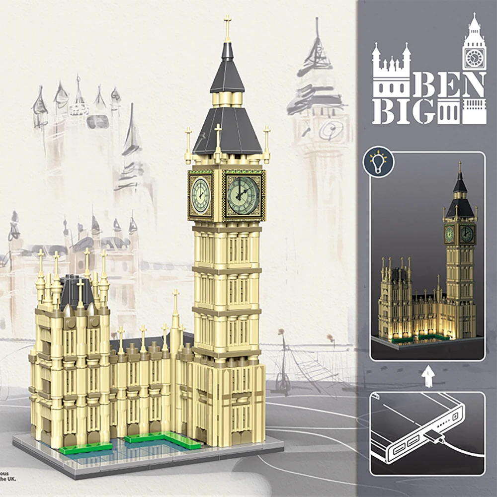 815PCS Famous Landmarks In London England Model Romantic Light Big Ben With Emulation Clock Building Blocks Toys City Scene