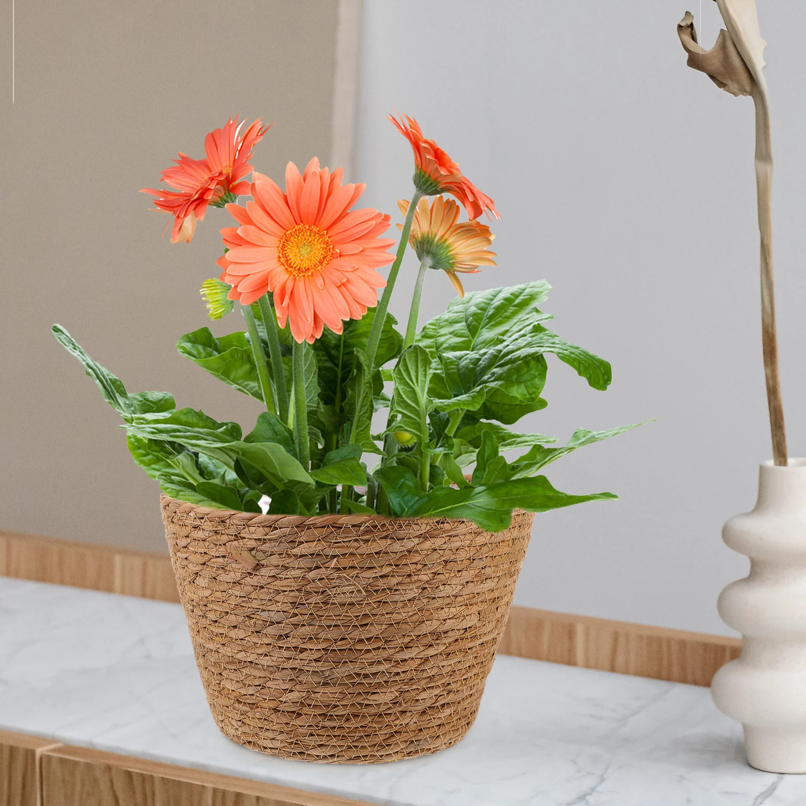 2 قطعة سلة للزهور المنسوجة للمزرعة سلة حاوية زراعة القش للنباتات الداخلية ملحقات تزيين المنزل الريفي #5