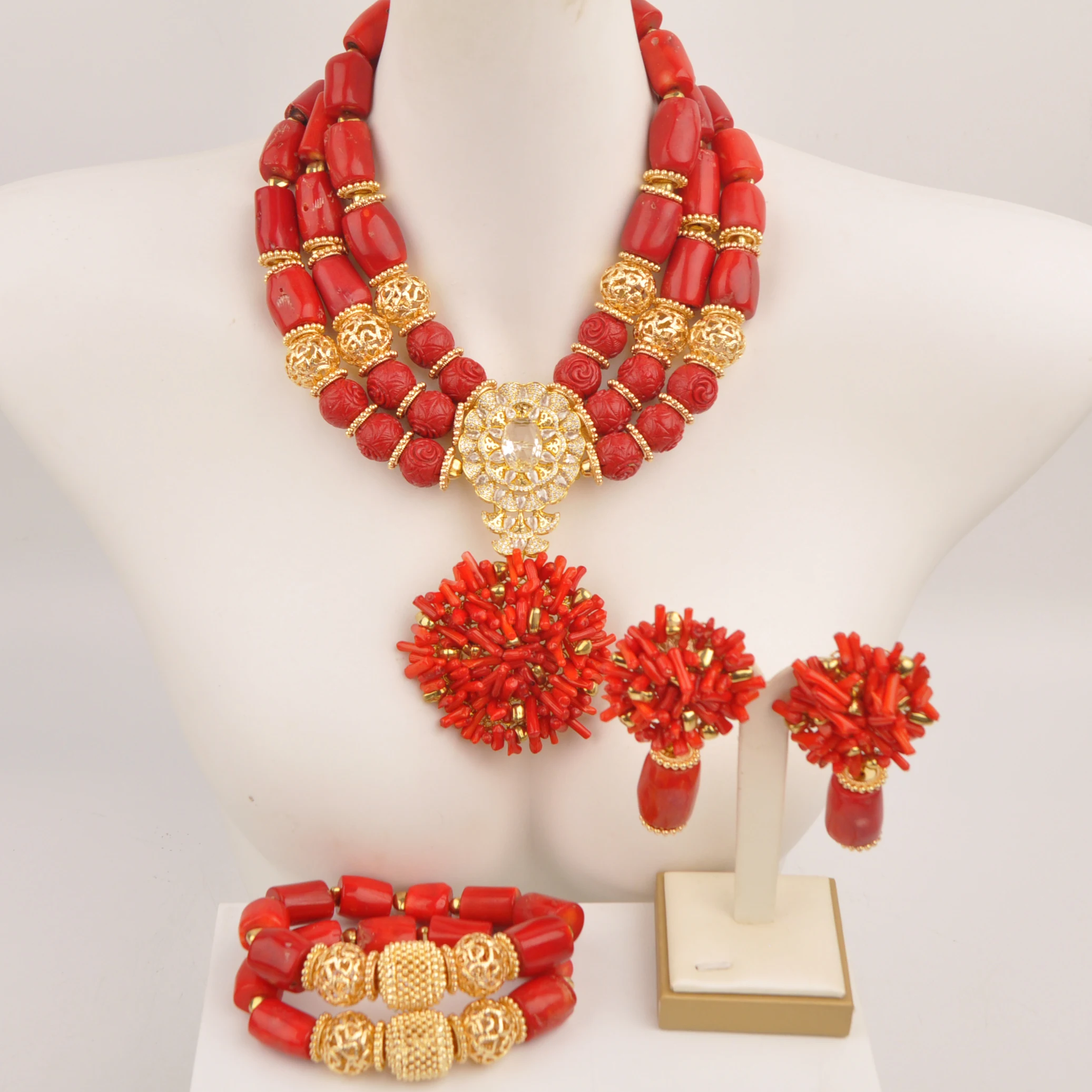 Red Coral Bead African Wedding Bridal Necklace Nigerian Beads Jewelry Set