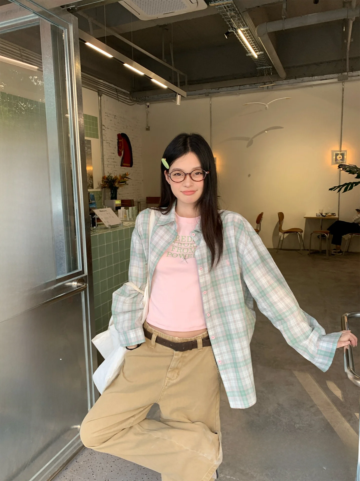 

Loose Long Sleeve Shirt Women's Spring Korean Style Lazy Versatile Beautiful Shirt Jacket Top Light Green Grid Pattern