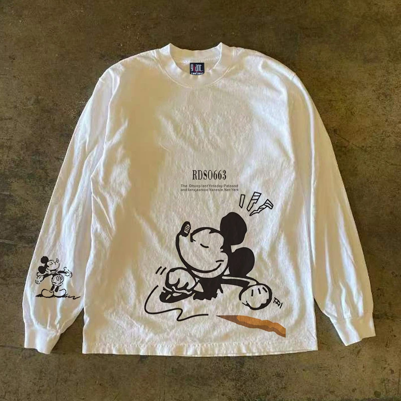 

Тяжелая хлопковая футболка из чистого хлопка весом 300 г с длинными рукавами, модная футболка Happy Mouse Hiphop High Street Sle Cotton Tee D5804