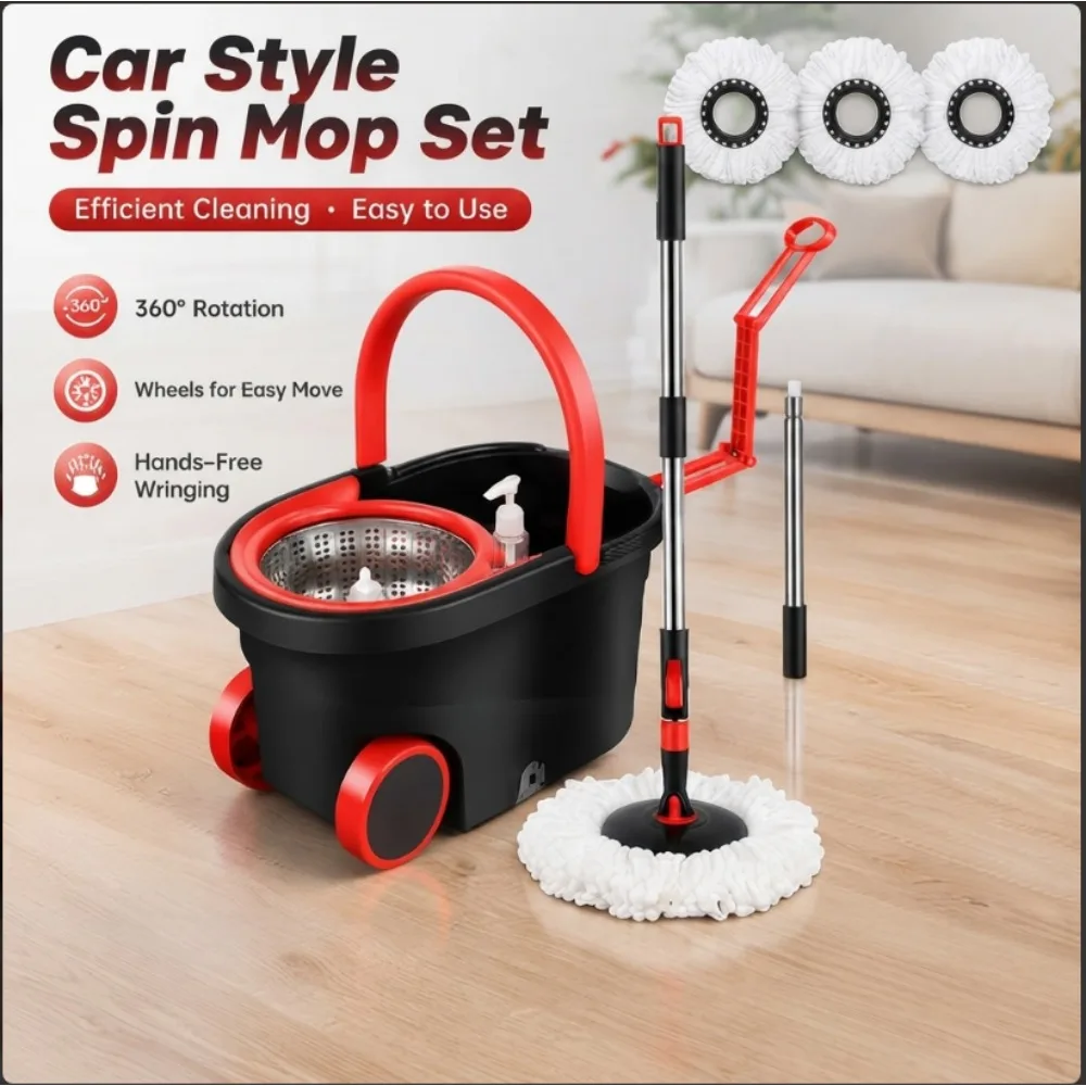 Spin Mop and Bucket Set with Wringer, Car Style Rolling Bucket, 360° Rotating Mop Head, Washable Microfiber Pads for Floors