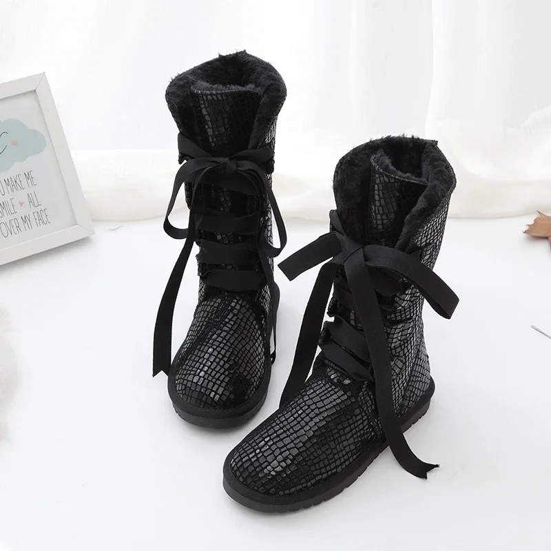 Winter Boots Women Thick Artificial Wool Snow Boots Top Quality Genuine Leather Shoes Woman Non-slip Lace Warm Boots Plus Size