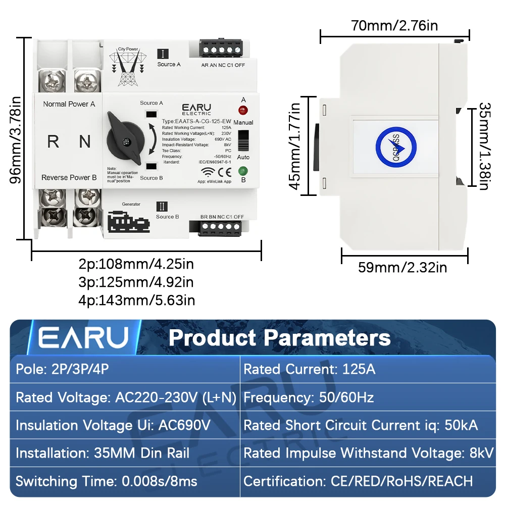EARU WiFi Smart Remote Control 2P 3P 4P 125A AC 230V Uninterrupted Electrical Selector ATS Dual Power Automatic Transfer Switch