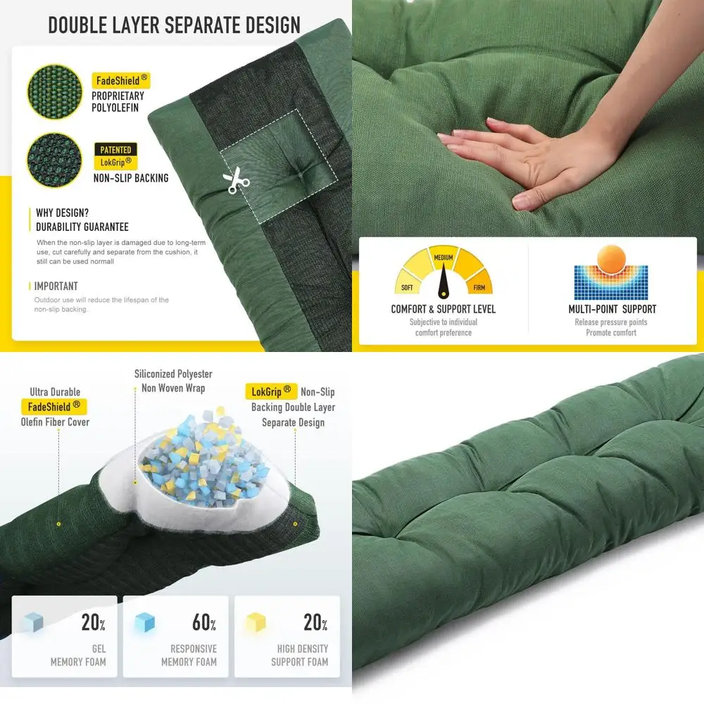 

Memory Foam Bench Cushion, Non-Slip Tufted, FadeShield, Water-Resistant, Durable, Outdoor/Indoor, 59x16x4 inches, Heather Fern