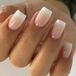 24Pcs/Set Glossy Square Press on Nails Set Gradient French Nail Art Tips Reusable Full Cover Fake Nail with Glue for Women&Girls
