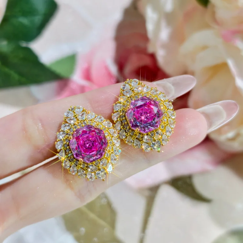 

High-end New Octagonal Rose Cut Red Zircon Large Carat Gold Luxurious Full Diamond Jewelry Three-piece Set