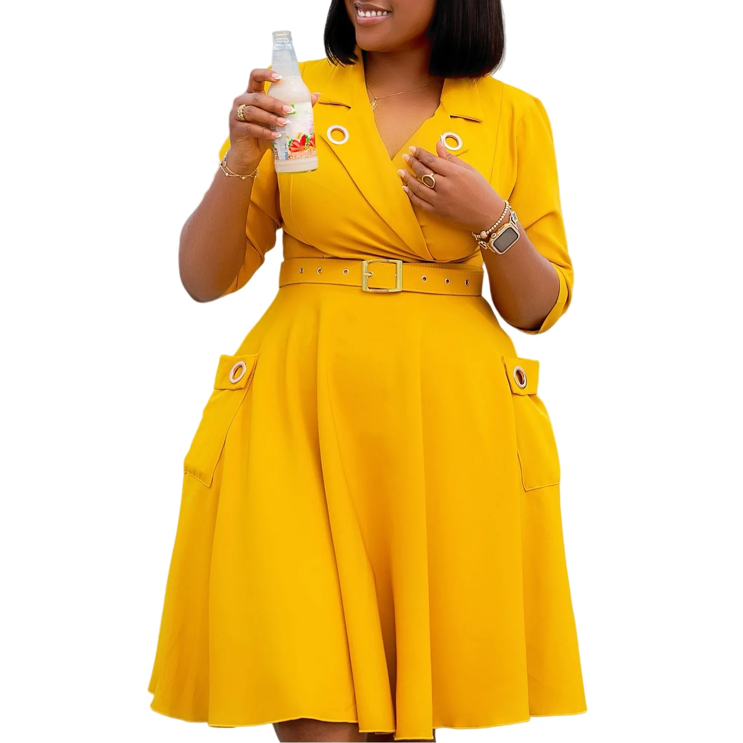 

S-3XL Plus Size African Dresses for Women Elegant 2026 Spring Autumn African Long Sleeve V-neck Polyester Midi Dresses Outfits