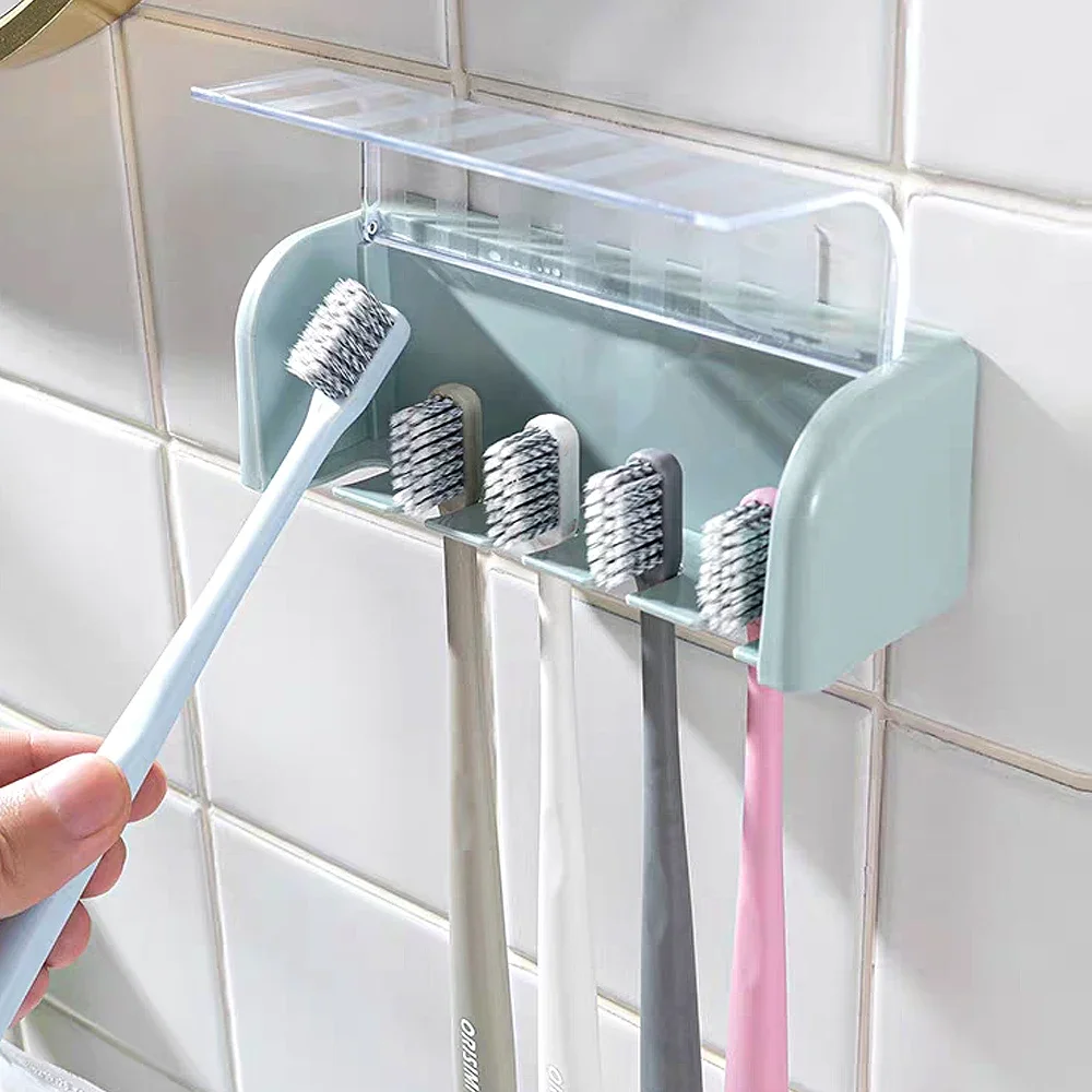 Bathroom Wall-mounted Toothbrush Pinch with Cover, Home Bathroom Self-adhesive Toothbrush storage rack without drilling, 5 slots