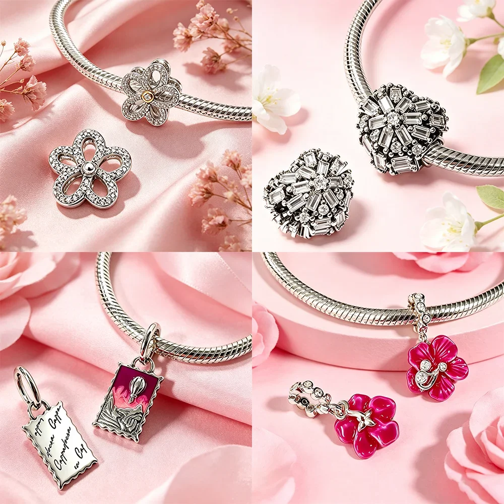 Black Pink Heart Rose Flower Thank You Original Charms Silver Plated Beads Fit Bracelets Bag Keychain DIY Women Gift Accessory