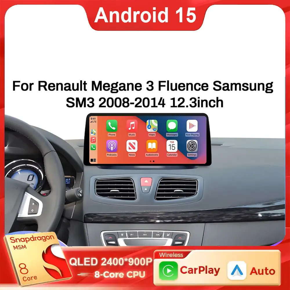 12.3 inch Android 16 2K For Renault Megane 3 Fluence Samsung SM3 2008 2009 2010-2014 Multimedia Wireless AUTO CarPlay Screen 4G