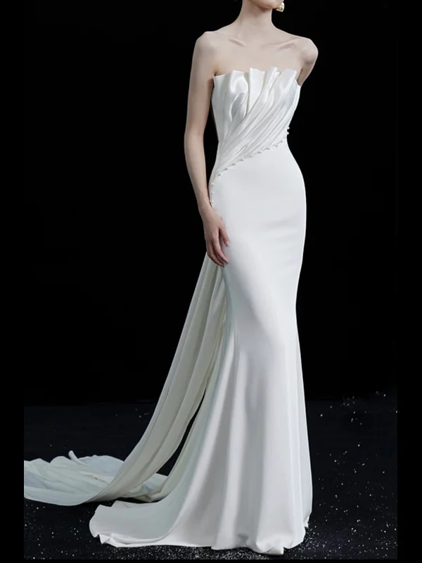 

Simple Ele Bridal Gown with Train Fi Tail White Slimming for Wedding Photoaphy Traveling Summer New Arrival