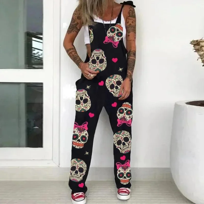 

Halloween PUNK Skull Print Jumpsuit European American Y2K Women Pocket Rose Casual Lace Up Strapless Loose Jumpsuit Pants New