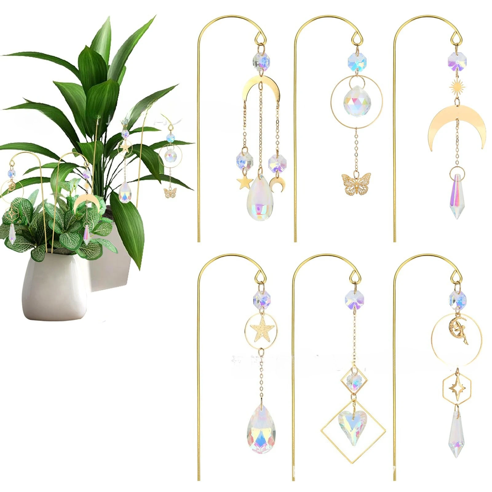 6-Pack Garden Crystal Suncatchers for Small Trellis Potted Plants Indoor Plant Stake Decorations Gifts for Family Friends