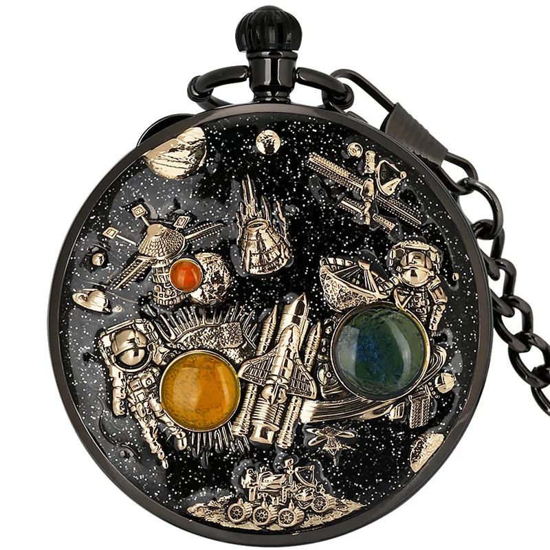 Steampunk 블랙 우주 비행사 케이스 음악 재생 남성 여성 수동 석영 포켓 시계, 뮤지컬 시계 고리 체인 시계 선물