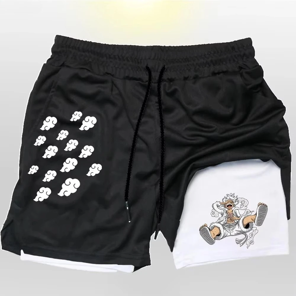 

Новые двойные шорты с принтом Луффи, мужские летние шорты для гимнастики, повседневные дышащие шорты 2-в-1 для фитнеса и бега