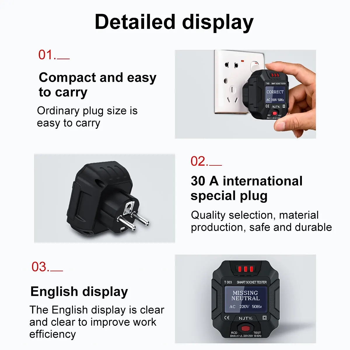 NJTY Socket Tester Live Wire Detect Outlet Detector EU UK US Plug Ground Zero Line Polarity Phase Check Digital AC Voltage Test