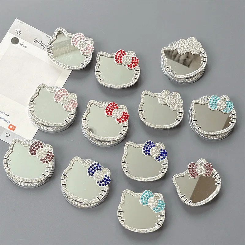 

Anime Hello Kitty Rhinestone Glass Mirror KT Cat Mobile Phone Holder Magnetic Air Bag Paste Portable Makeup Mirrors Accessory