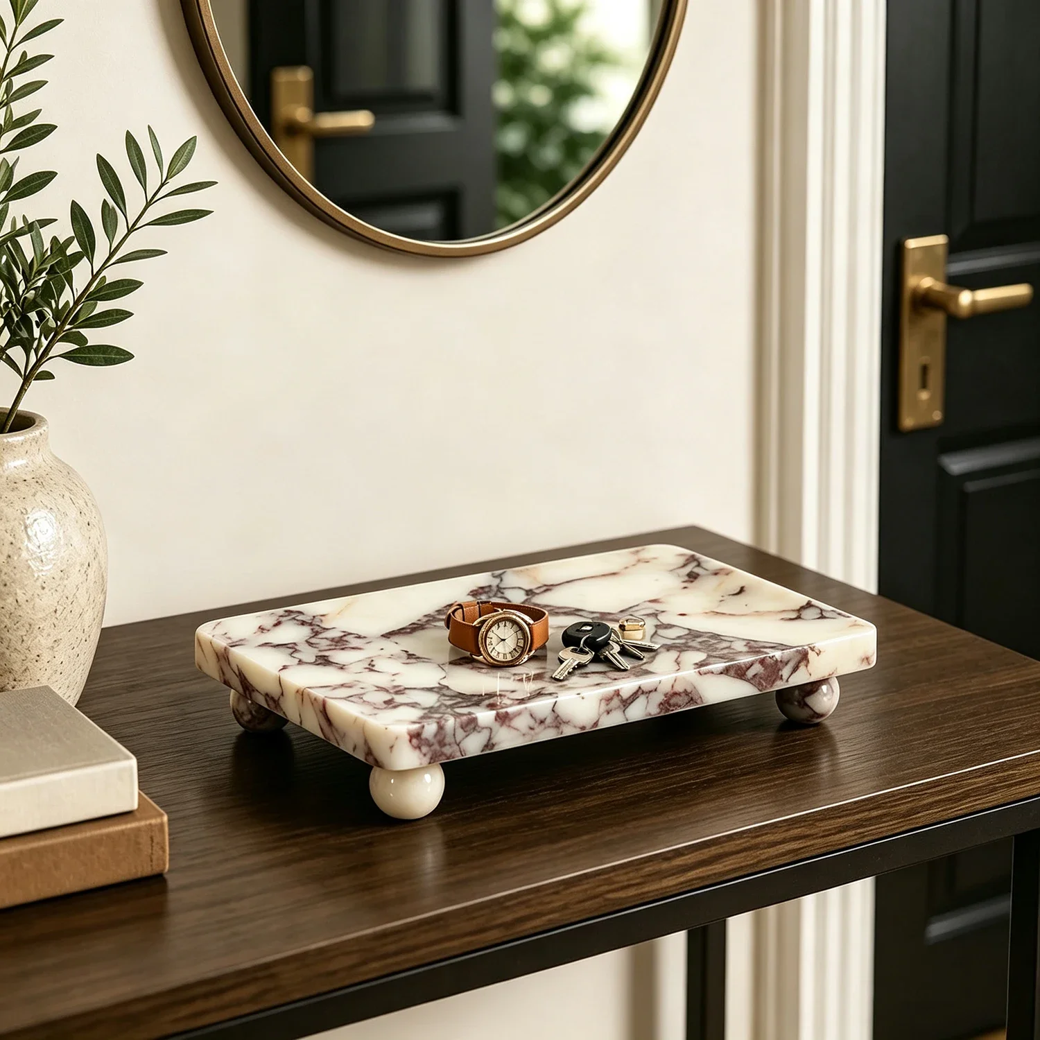 Calacatta Viola Marble Vanity Tray with Ball Feet Decorative Tray for Bathroom Kitchen Countertop Entryway Home Decor