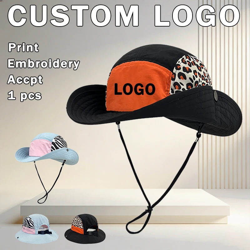 

New Customizable Logo Contrast Stitching Leopard Bucket Hats Women Summer Outdoor Camping Sun Protection Quick-drying Men's Cap