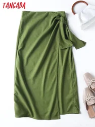 Tangada 2022 new women green linen cotton wrap midi skirt vintage ladies chic mid calf skirts 4C75