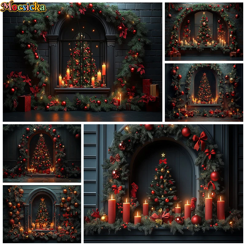 

Mocsicka Christmas Tree Backdrop For Photography Candle Dark Brick Wall Gifts Home Decorations Background Props Studio Photocall