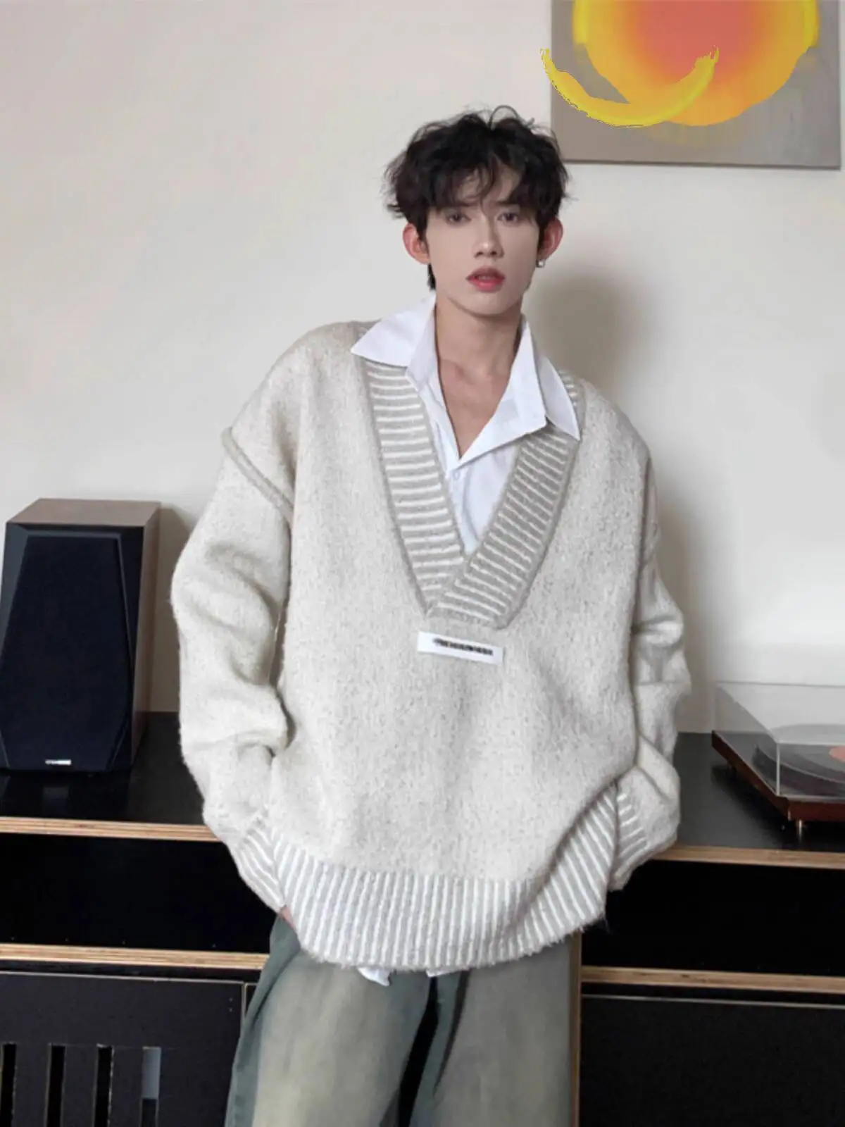 Men's Apricot V Neck Sweater Vintage Lazy Style Low Cut Outerwear Premium Couple Knitwear