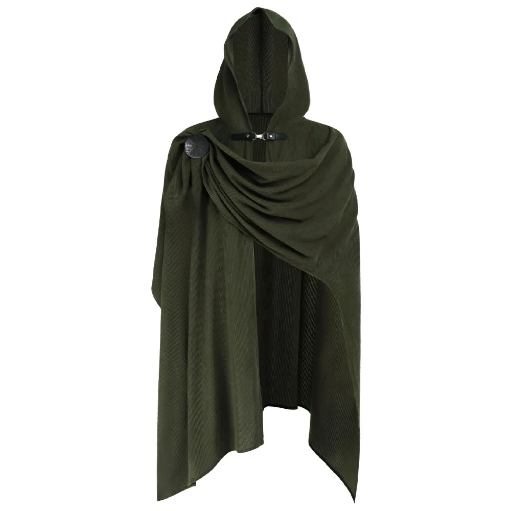Medieval Corduroy Cloak Cowl with Brooch Cos Death Knight Halloween Renaissance Knight Pirate Ranger Cloak view 3