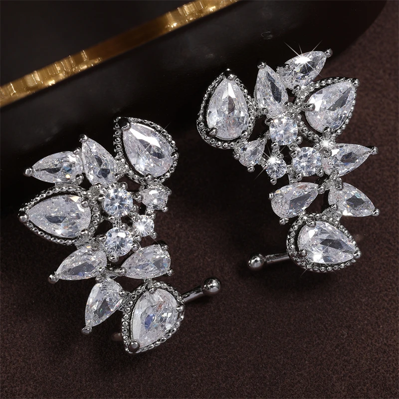 ZAKOL Luxury Silver Color Statement Flower Stud Earrings for Women Fashion AAA Zirconia Crystal Ear Jewelry Bridal Wedding Gifts